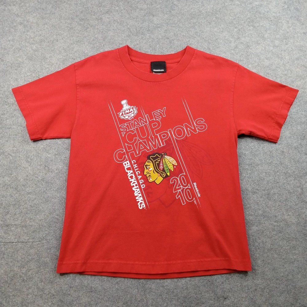Chicago Blackhawks Shirt Boys Large NHL Hockey Reebok 2010 Stanley Cup Champs